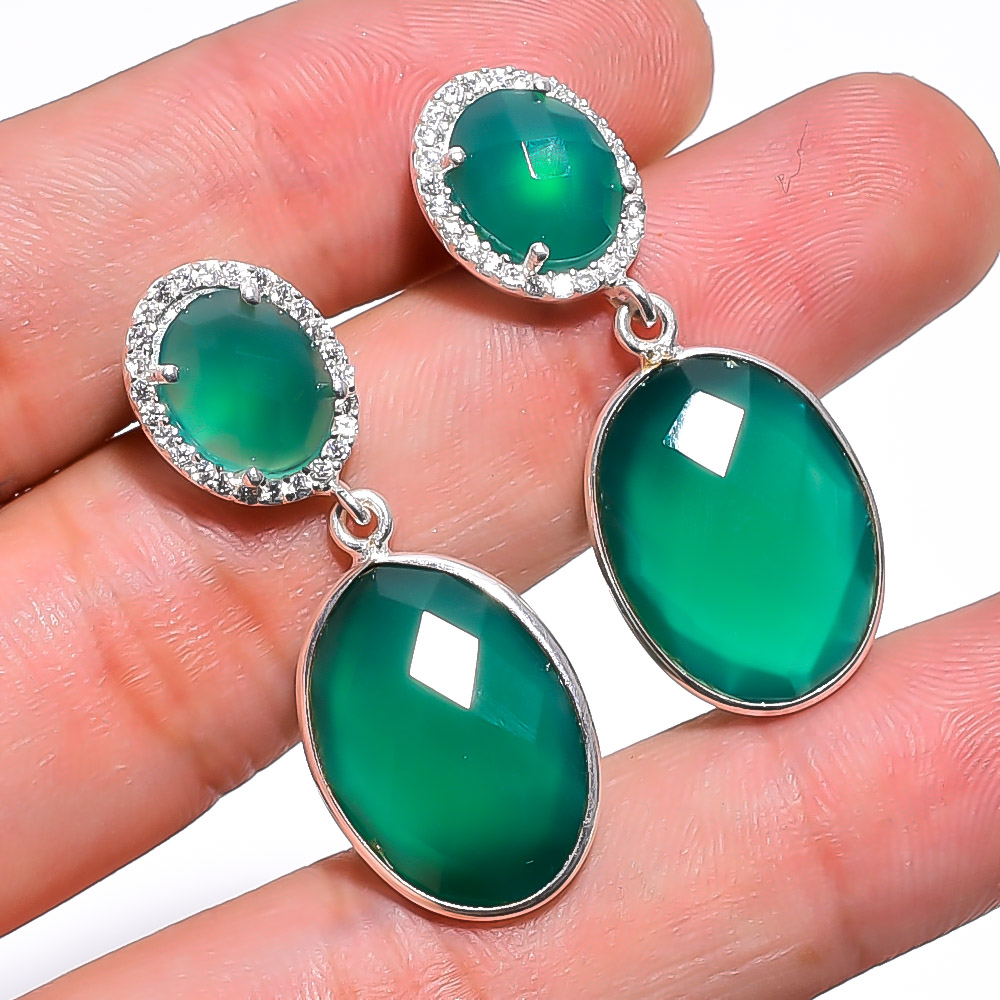 Green Chalcedony Gemstone Pave 925 Sterling Silver Earrings – Jewels SK