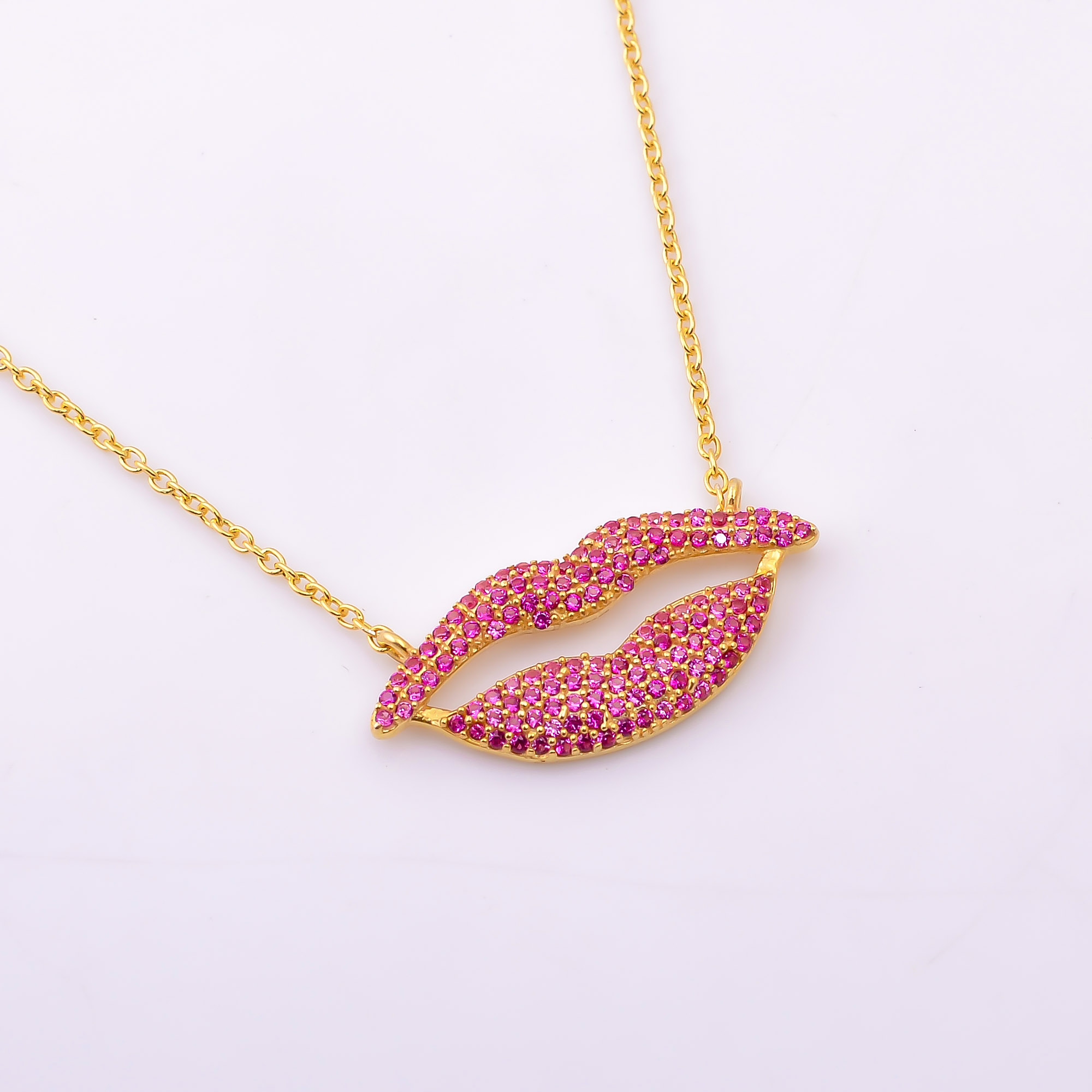 Pink Cubic Zircon Ethnic Sterling Silver Gold Plated Necklace